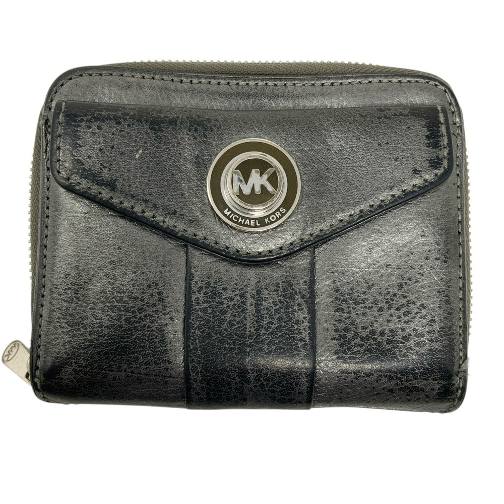 Michael Kors Pewter Patina Metallic Pebbled Leather Compact‎ Bifold Zip Wallet
